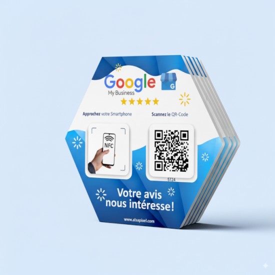 Plaque NFC hexagonale 10x11cm – NTAG215 – Impression QR Code – PVC Made in France